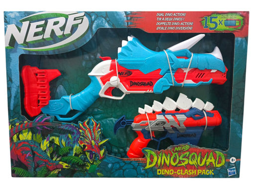Nerf Dinosquad Dino-Clash Pack toy set in packaging with colorful dinosaurs on a blue background.
