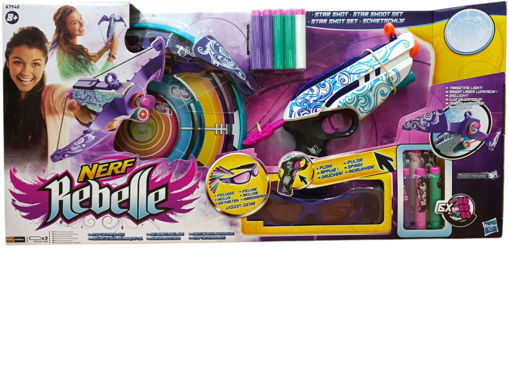 Nerf Rebelle toy set packaging with a girl and boy on a white background