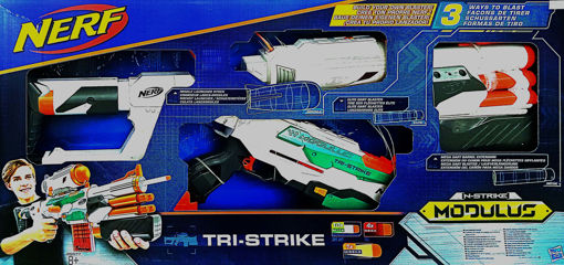 Nerf Modulus Tai-Strike toy gun set packaging with multiple guns and branding.