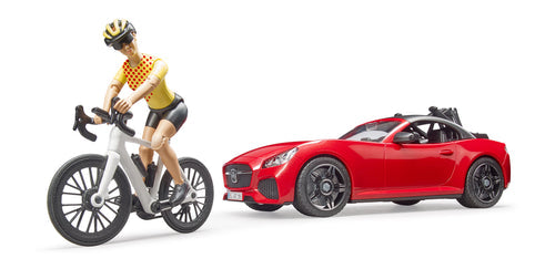 Bruder Red Roadster with Road Bike and Cyclist