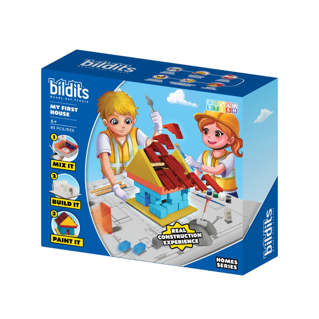 Bildits toy set packaging with two children building a house on a blue background