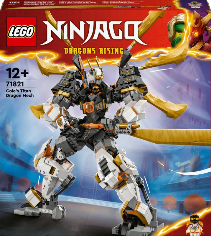 LEGO Ninjago Cole's Titan Dragon Mech set in front of a colorful box