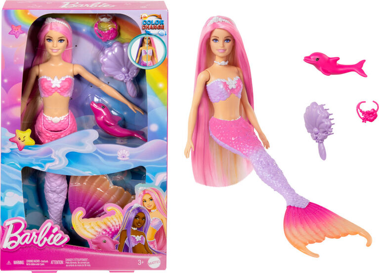 Barbie mermaid doll with packaging and accessories on a white background