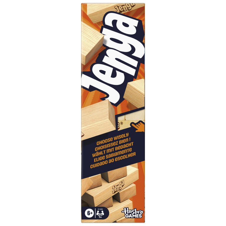 Jenga game box with wooden blocks and branding on a white background