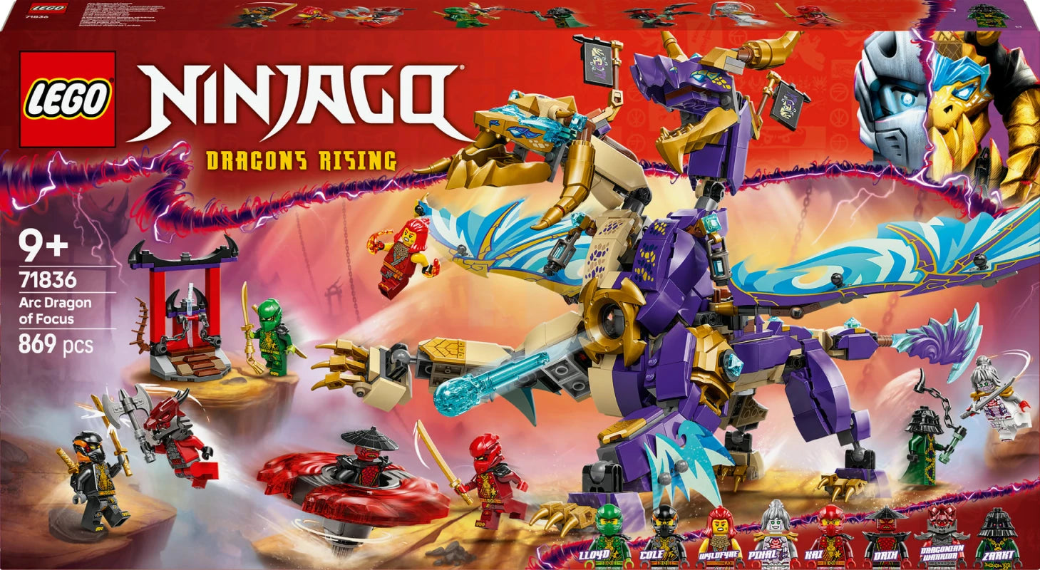 LEGO Ninjago set packaging with dragon figure and characters on a red background