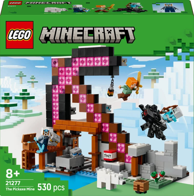 LEGO Minecraft set packaging with pixelated graphics and character illustrations.