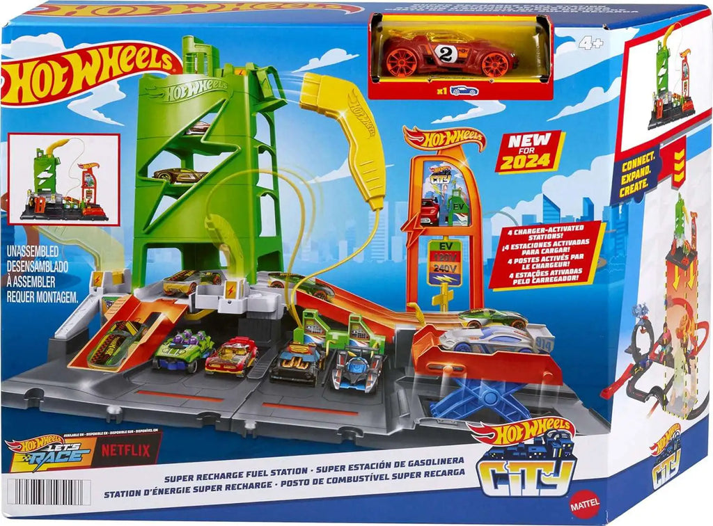 Hot Wheels toy set packaging with cars and track elements on a blue background