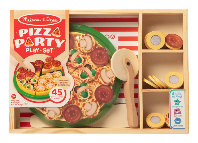 Melissa & Doug pizza party play set with wooden pizza, toppings, and utensils in packaging.