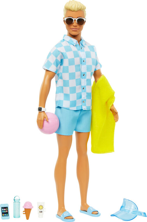 Barbie Beachcomber Doll with checkered shirt, sunglasses, and beach accessories on a white background