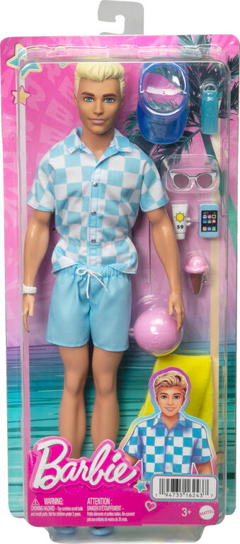 Blonde Ken Doll with Swim Trunks and Beach-Themed Accessories