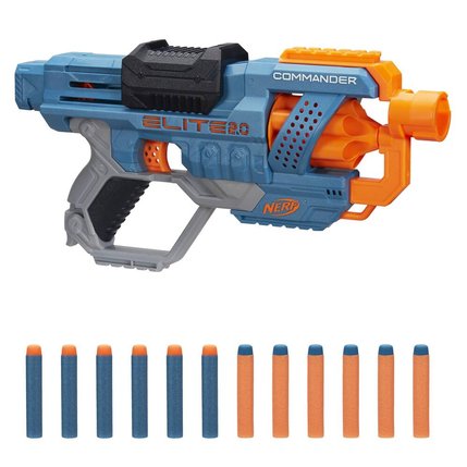 Nerf Elite Commander blaster with blue and orange colors and multiple darts on a white background