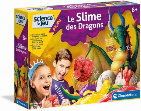 Box of 'Le Slime des Dragons' science and play set by Clementoni with children playing with slime.