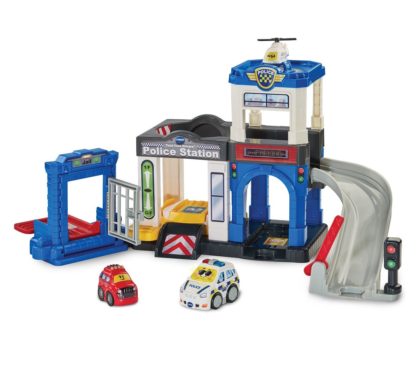 Toy police station set with cars on a white background