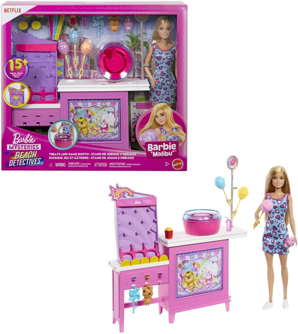 Barbie doll and furniture set with packaging on a white background