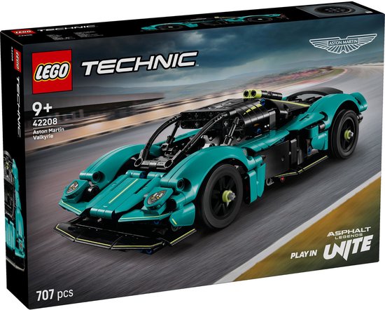 LEGO Technic Aston Martin Valkyrie set packaging on a race track background