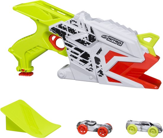 Toy vehicle launcher with included cars and ramp on a white background