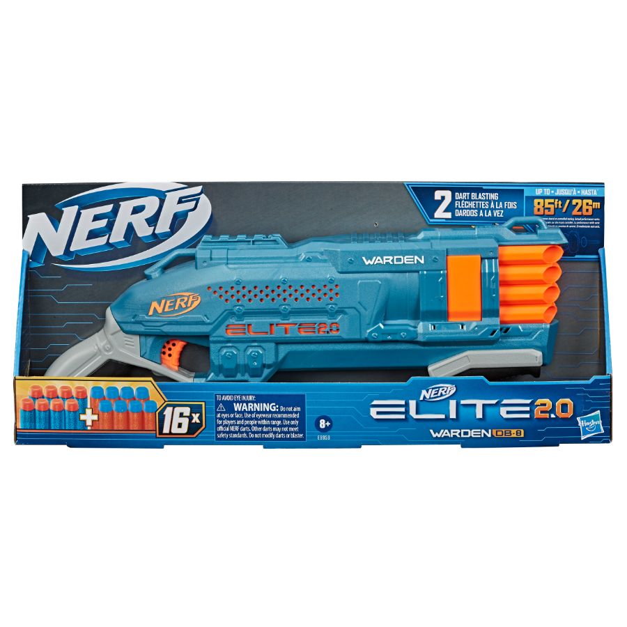 Nerf Elite 2.0 Warden toy blaster packaging on a white background
