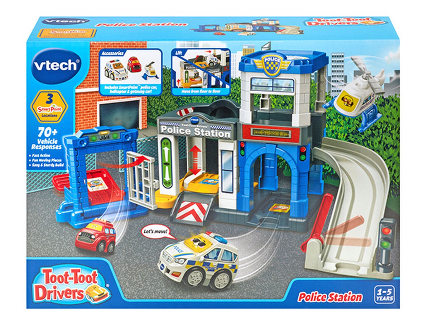 Vtech Toot Toot Drivers Police Station toy set packaging with police car and accessories.