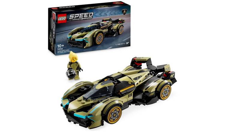LEGO Speed Champions set with two racing cars and a figure on a white background