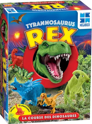 Tyranosaurus Rex toy set packaging with colorful dinosaurs and volcano background