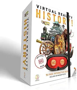 Box for 'Virtual Reality History' book with VR headset and goggles illustration.