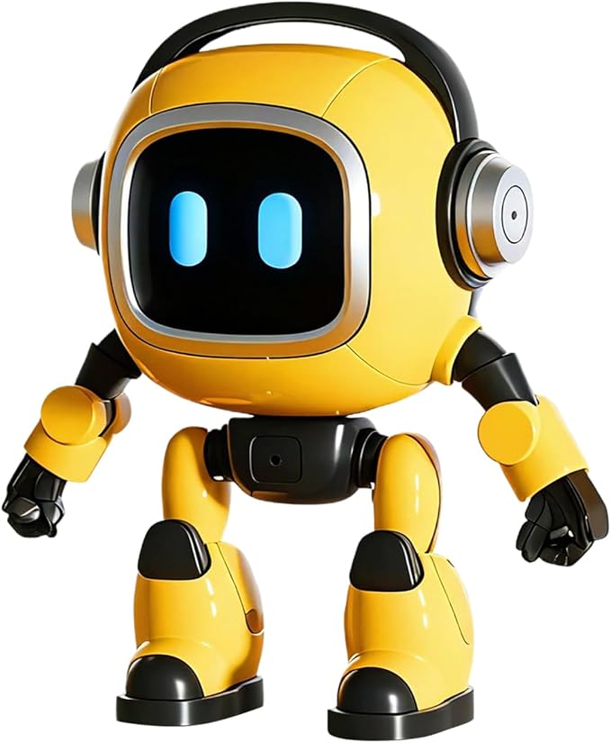 Yellow robot toy with black accents on a white background