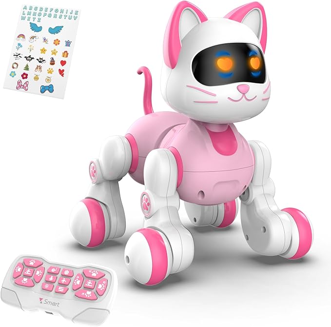 Pink and white robot cat toy with remote control on a white background
