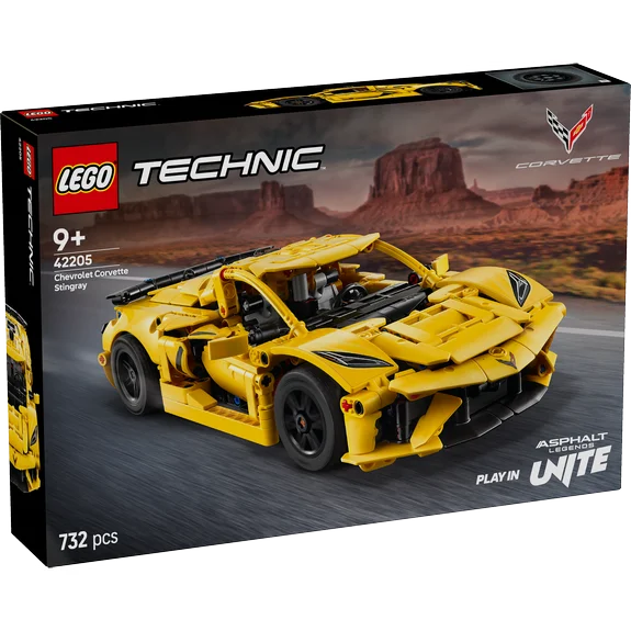 LEGO Technic Chevrolet Corvette Stingray packaging with desert landscape background