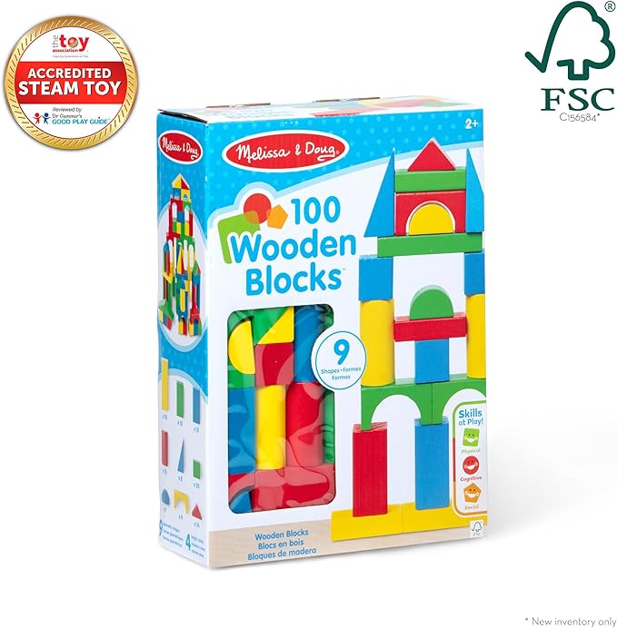 Box of Melissa & Doug 100 Wooden Blocks with colorful blocks on a white background