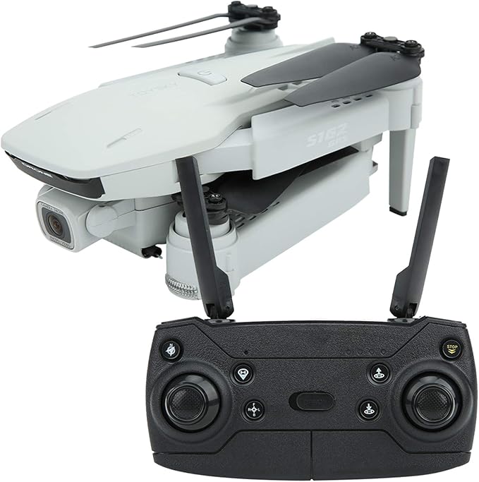 White drone with black remote control on a white background