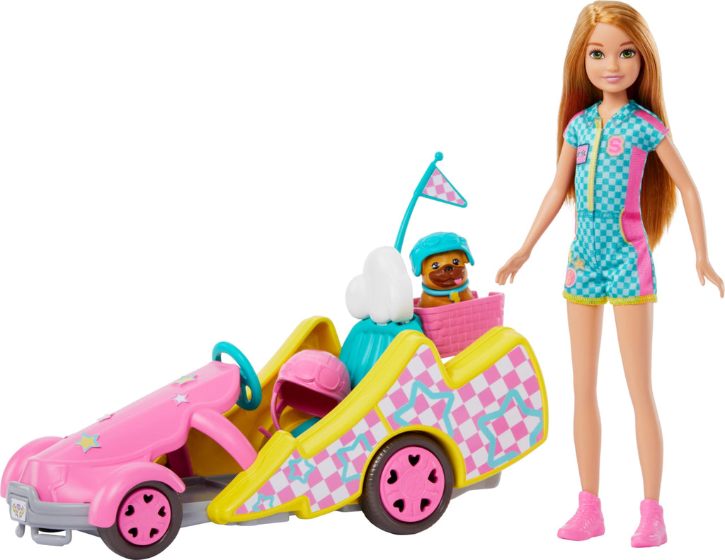 Barbie doll with pink toy car and dog on a white background