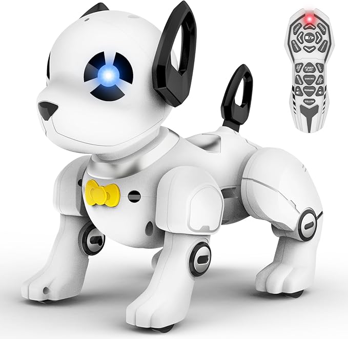 White robot dog with a yellow bow tie on a white background