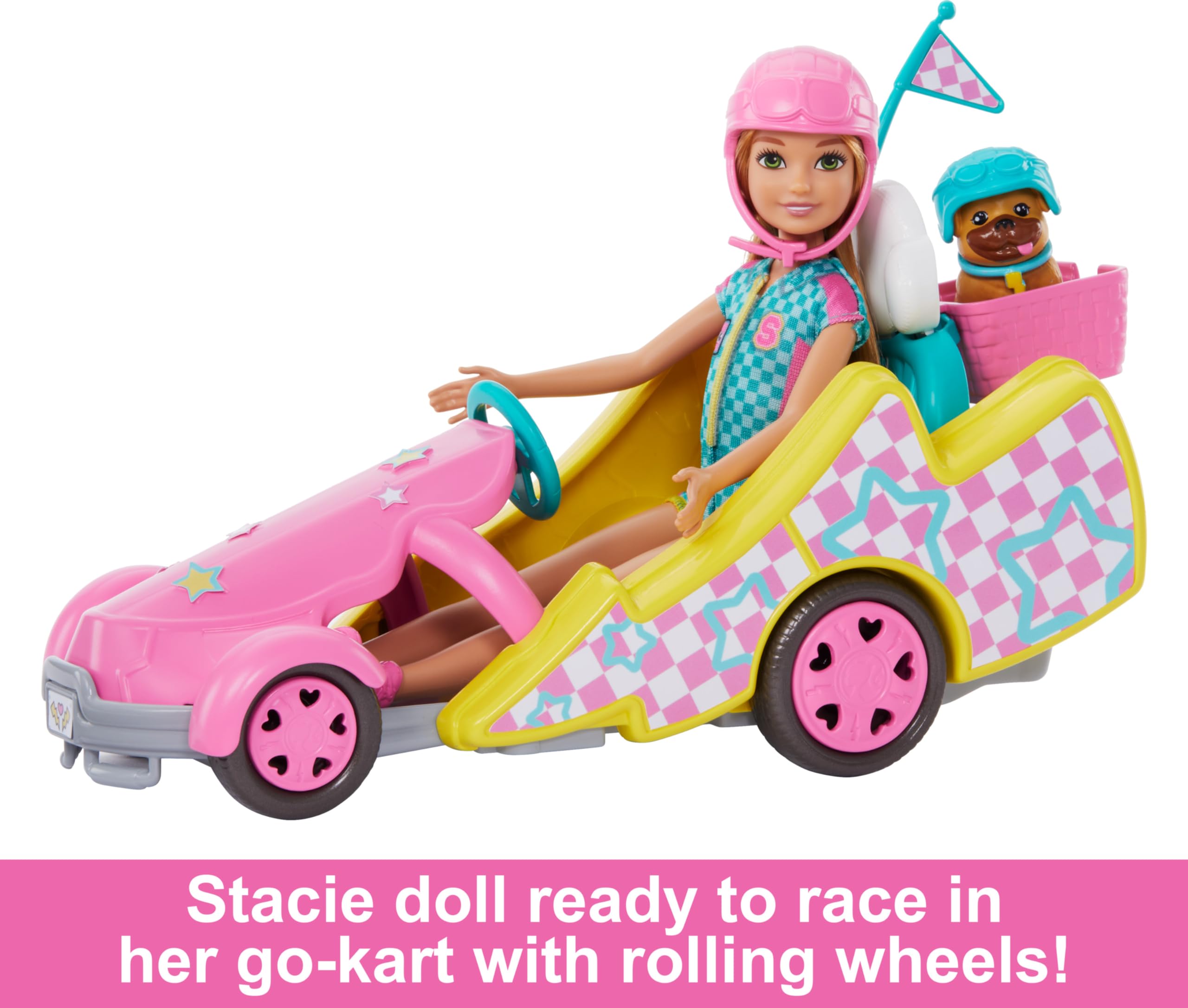 Barbie Stacie Doll with Go-Kart Car with Rolling Wheels, Dog, Accessories