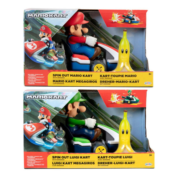 Two Mario Kart toy sets in packaging with Mario and Luigi figures.