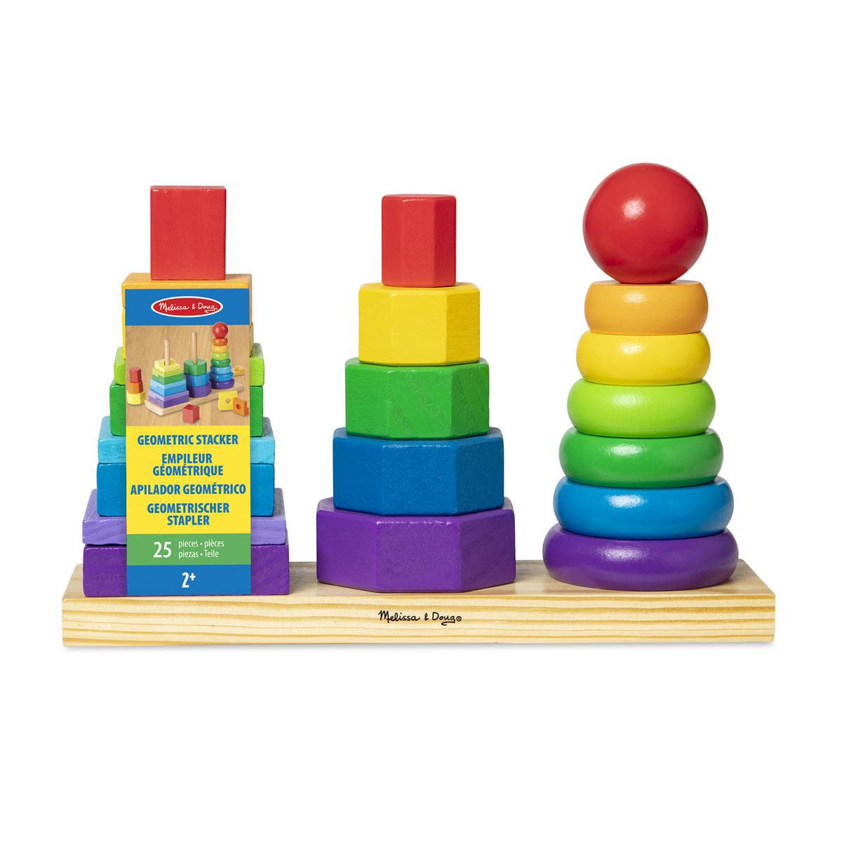 Colorful geometric stacking toy set with packaging on a white background