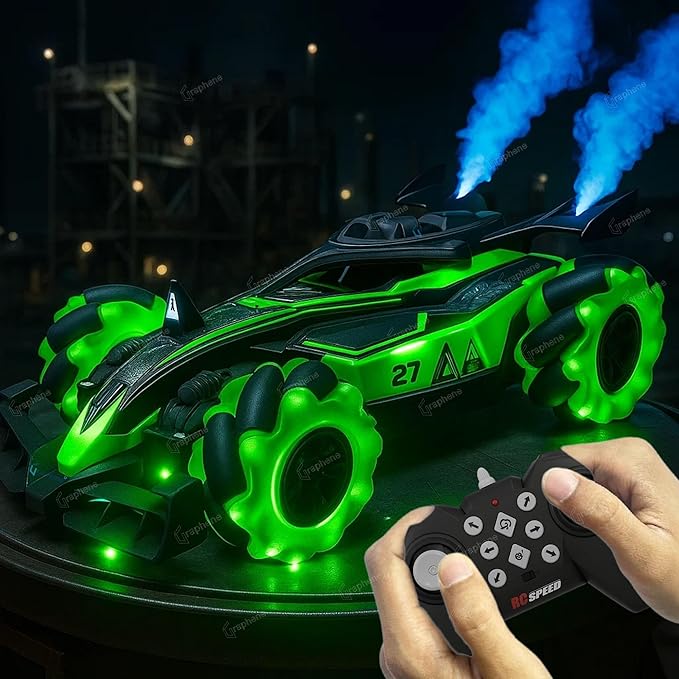 Green toy car with glowing wheels and smoke effects, controlled by a remote.