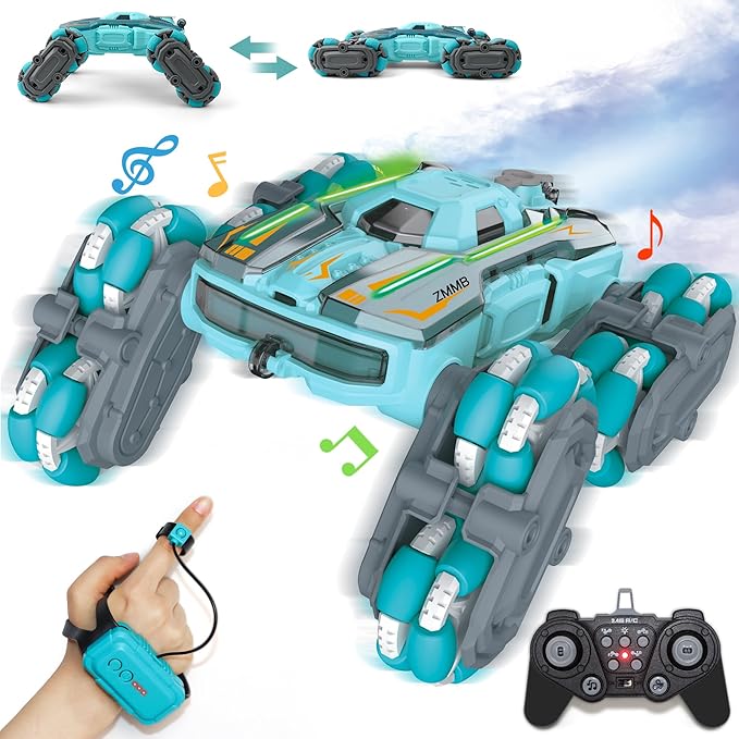 Toy vehicle with arm attachments and remote control on a white background