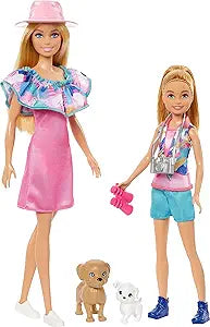 Two dolls with accessories including a pink dress, blue shorts, and a teddy bear.