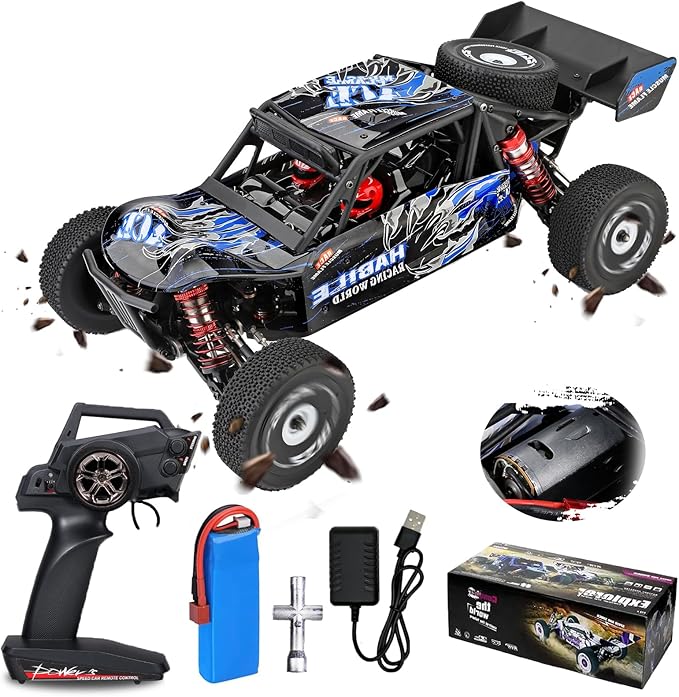 Collage of a remote control car with accessories on a white background