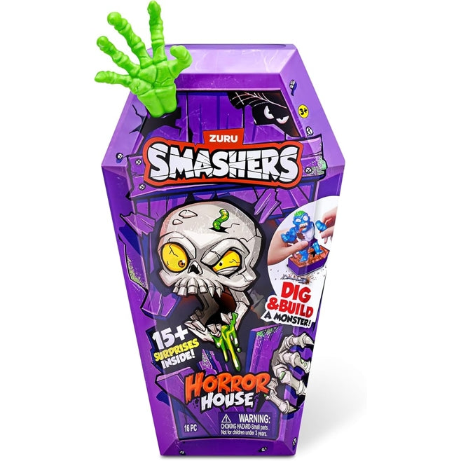 Smashers toy packaging with a skeleton and green hand, on a white background