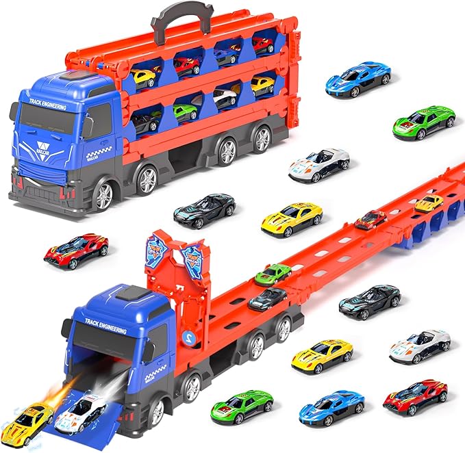 Catapult Railcar Portable Transport Truck Toys with 12 Mini Race Cars