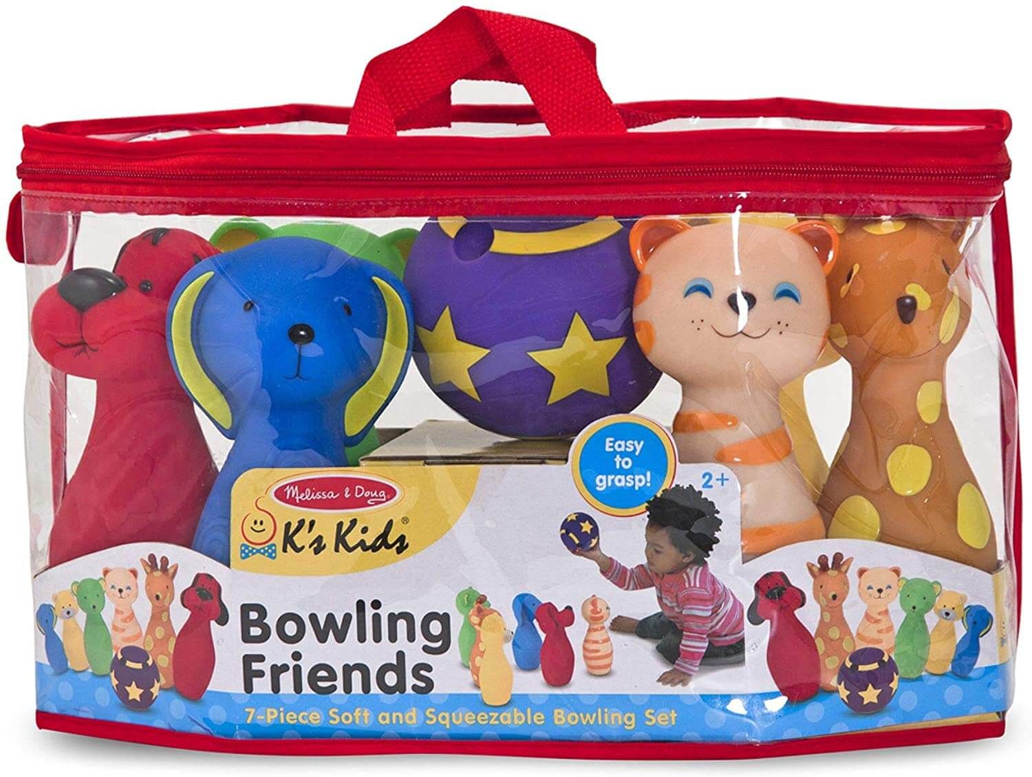 Melissa & Doug K's Kids Bowling Friends toy set in clear packaging with red lid.