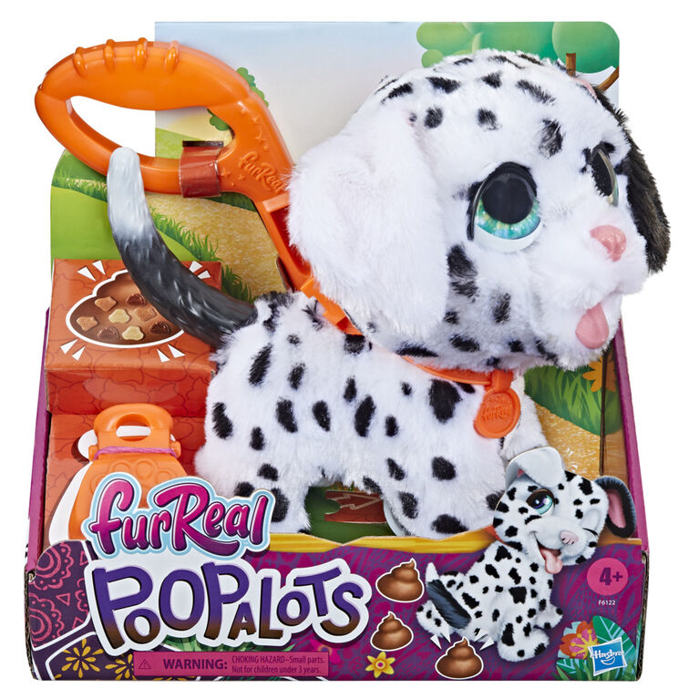 Plush toy dog with dalmatian spots in packaging, featuring 'furReal' branding.
