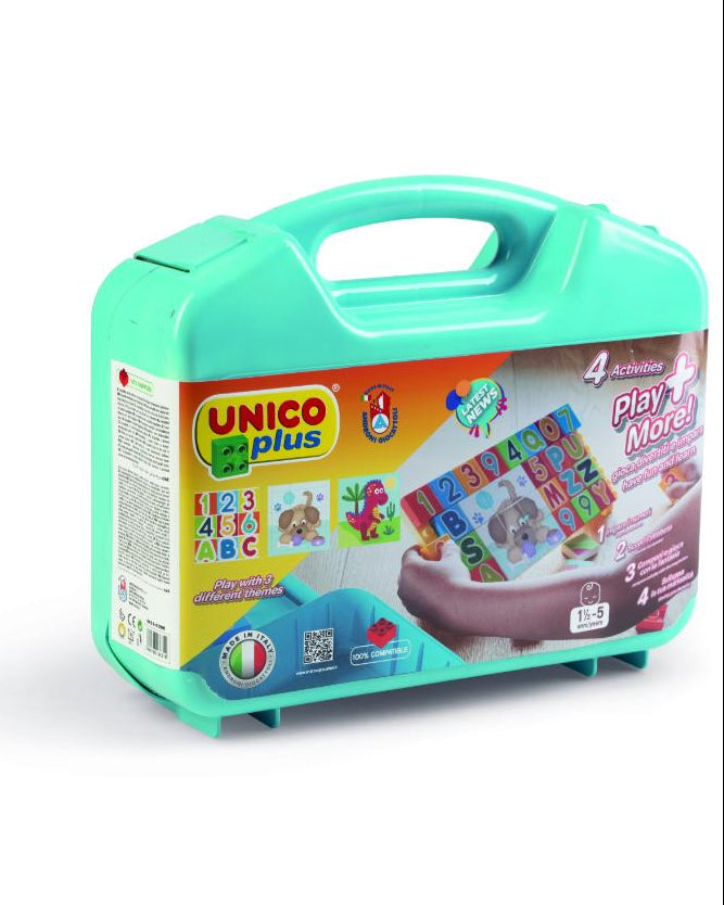 Unico Plus educational toy set in a green carrying case on a white background