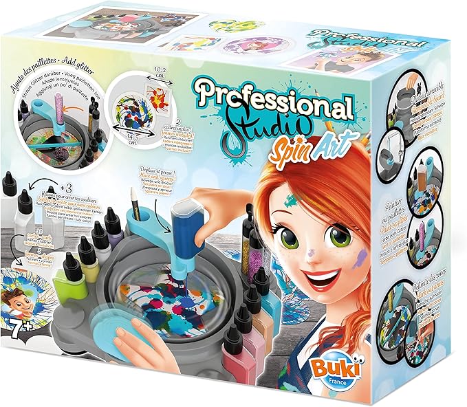 Box of Buki Professional Studio Spin Art craft kit with a cartoon character on the front.