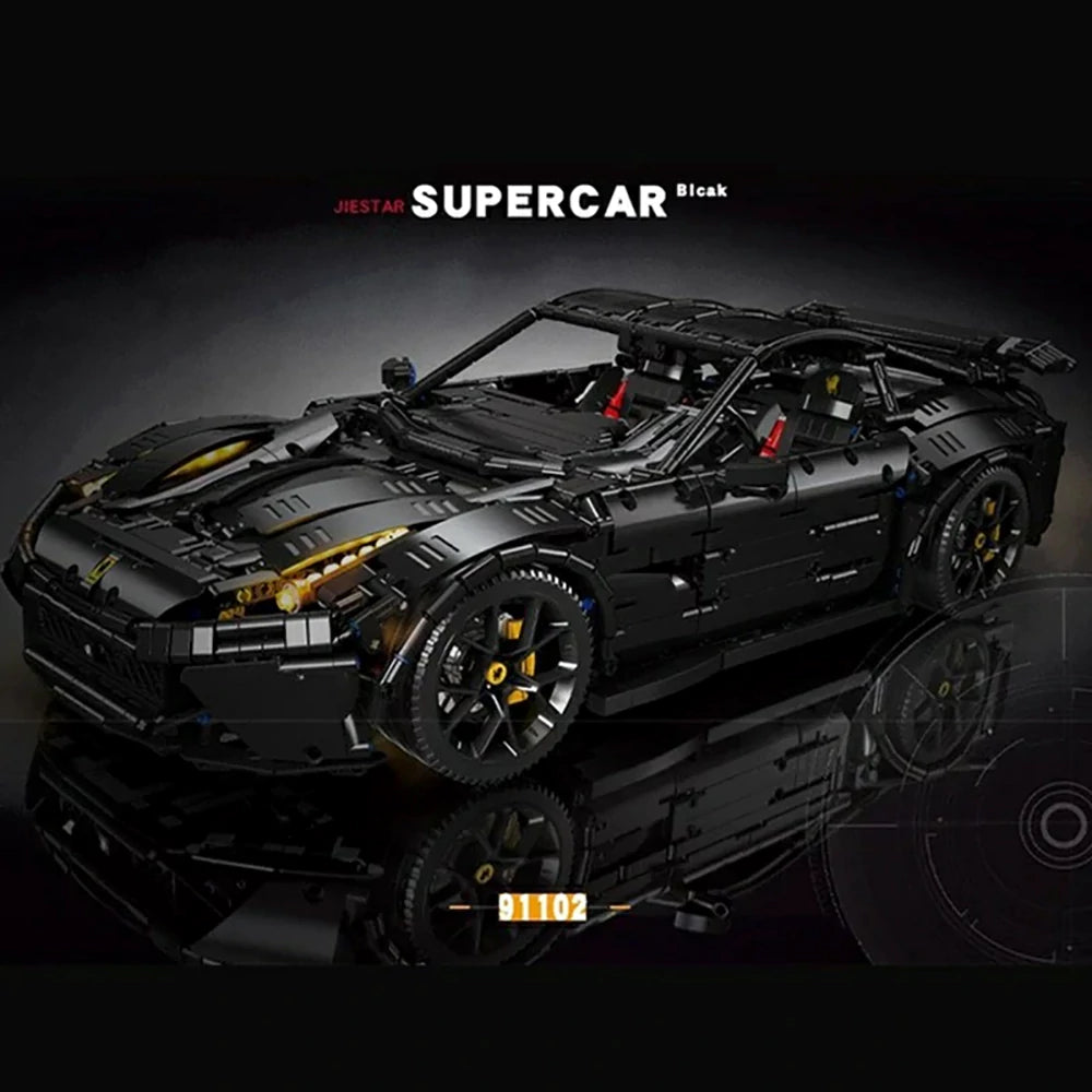 Black toy supercar model on a reflective surface with 'Jestal' branding.