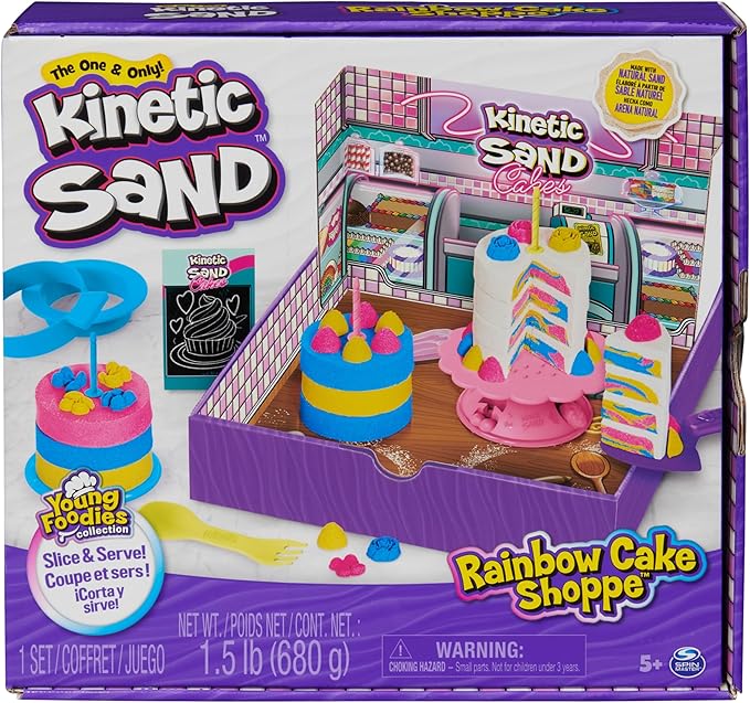 Kinetic Sand Rainbow Cake Shoppe playset packaging with toy cakes and shop.
