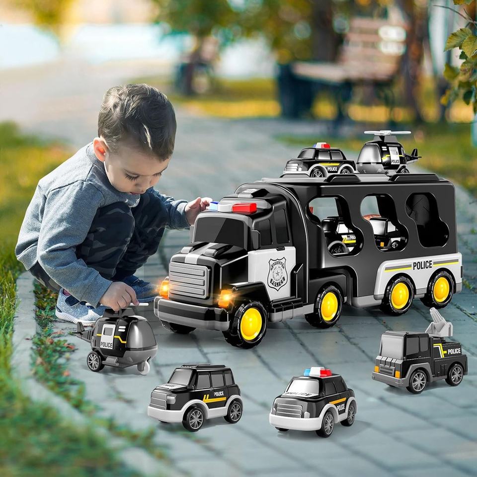 5 in 1 Inertial Double-deck Police Vehicle Toy Toddler Friction Power Transport Truck Police Carrier Truck Toy with Lights Music