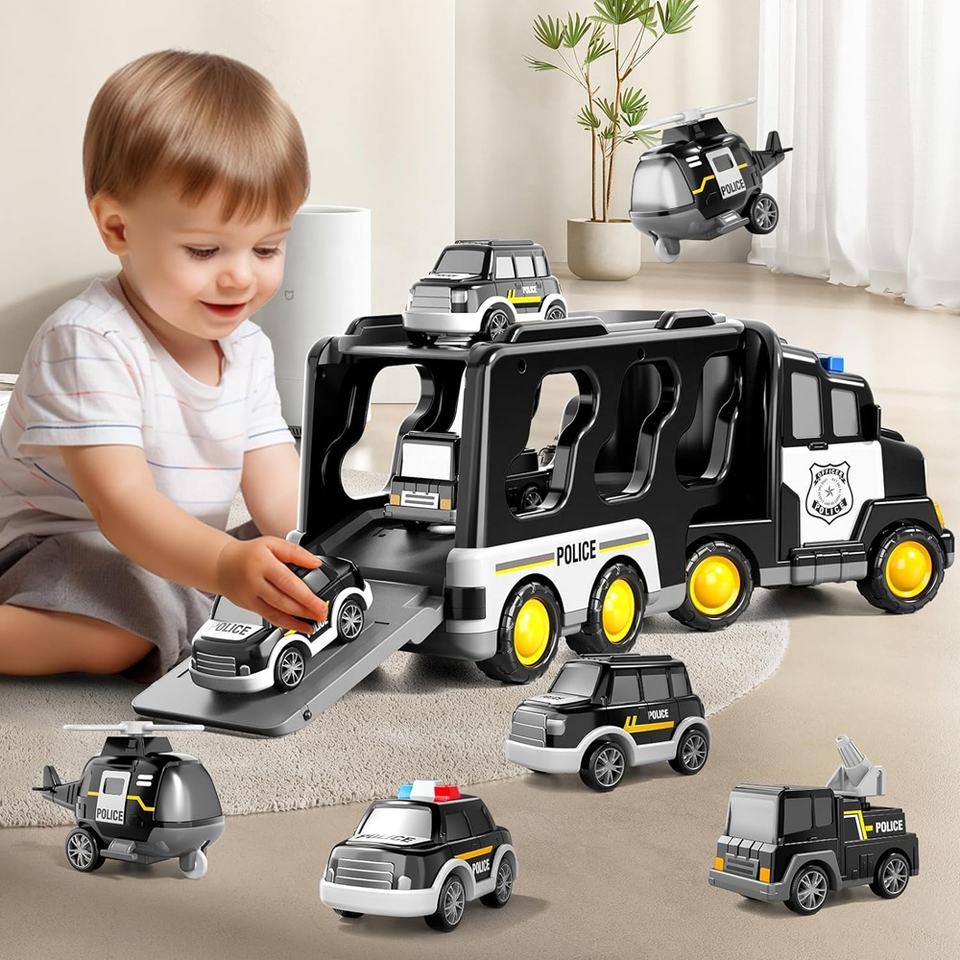 5 in 1 Inertial Double-deck Police Vehicle Toy Toddler Friction Power Transport Truck Police Carrier Truck Toy with Lights Music