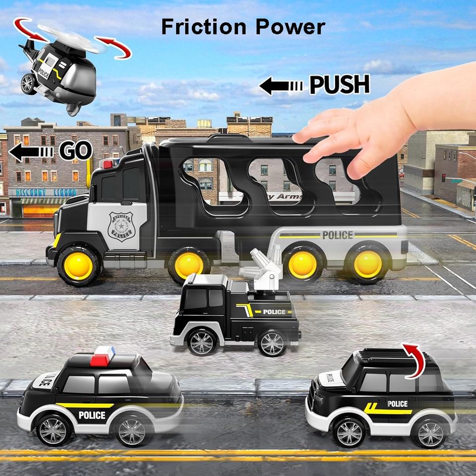5 in 1 Inertial Double-deck Police Vehicle Toy Toddler Friction Power Transport Truck Police Carrier Truck Toy with Lights Music